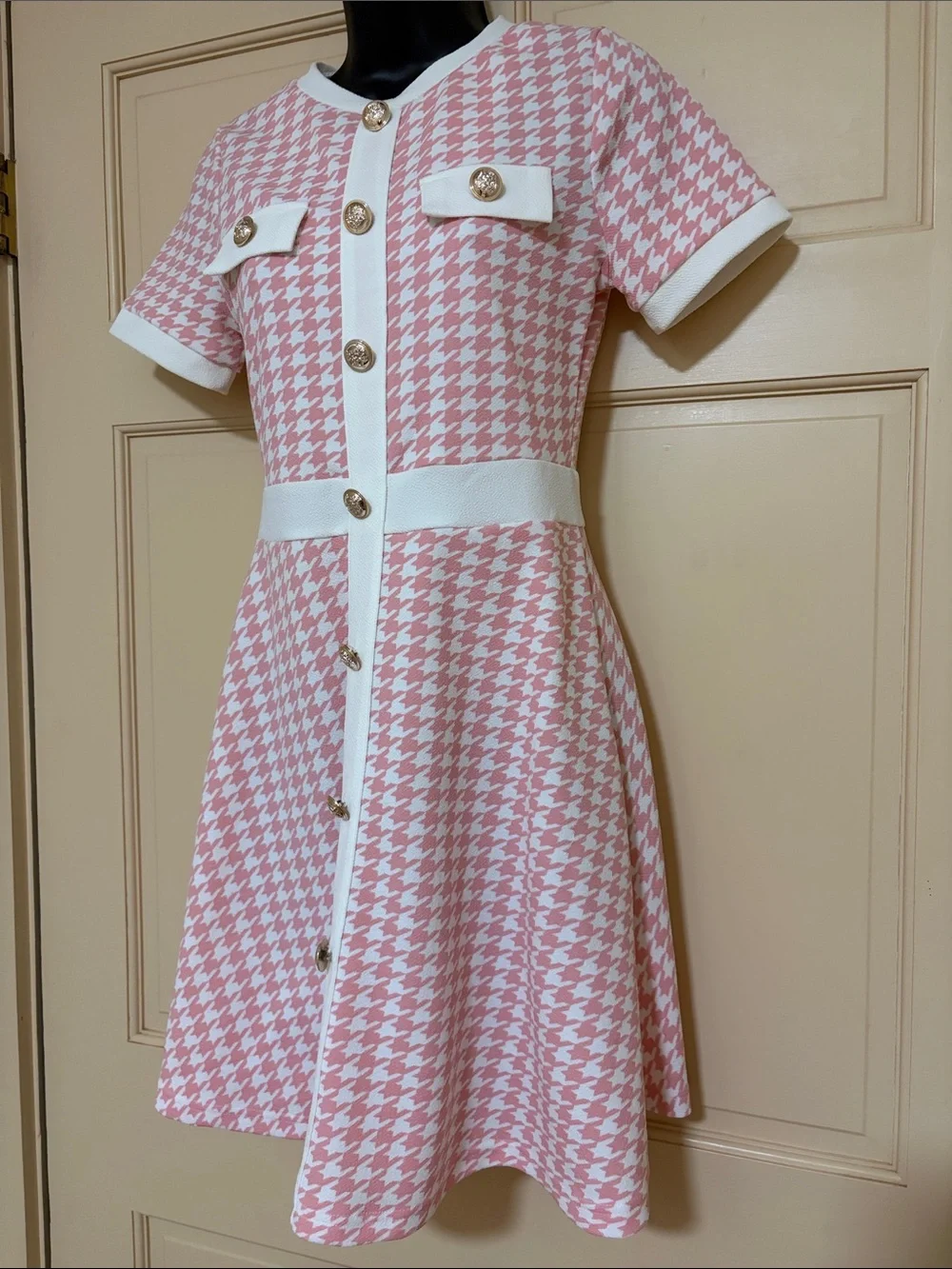 SHEIN Pink and White Houndstooth Button-Front A-Line Dress